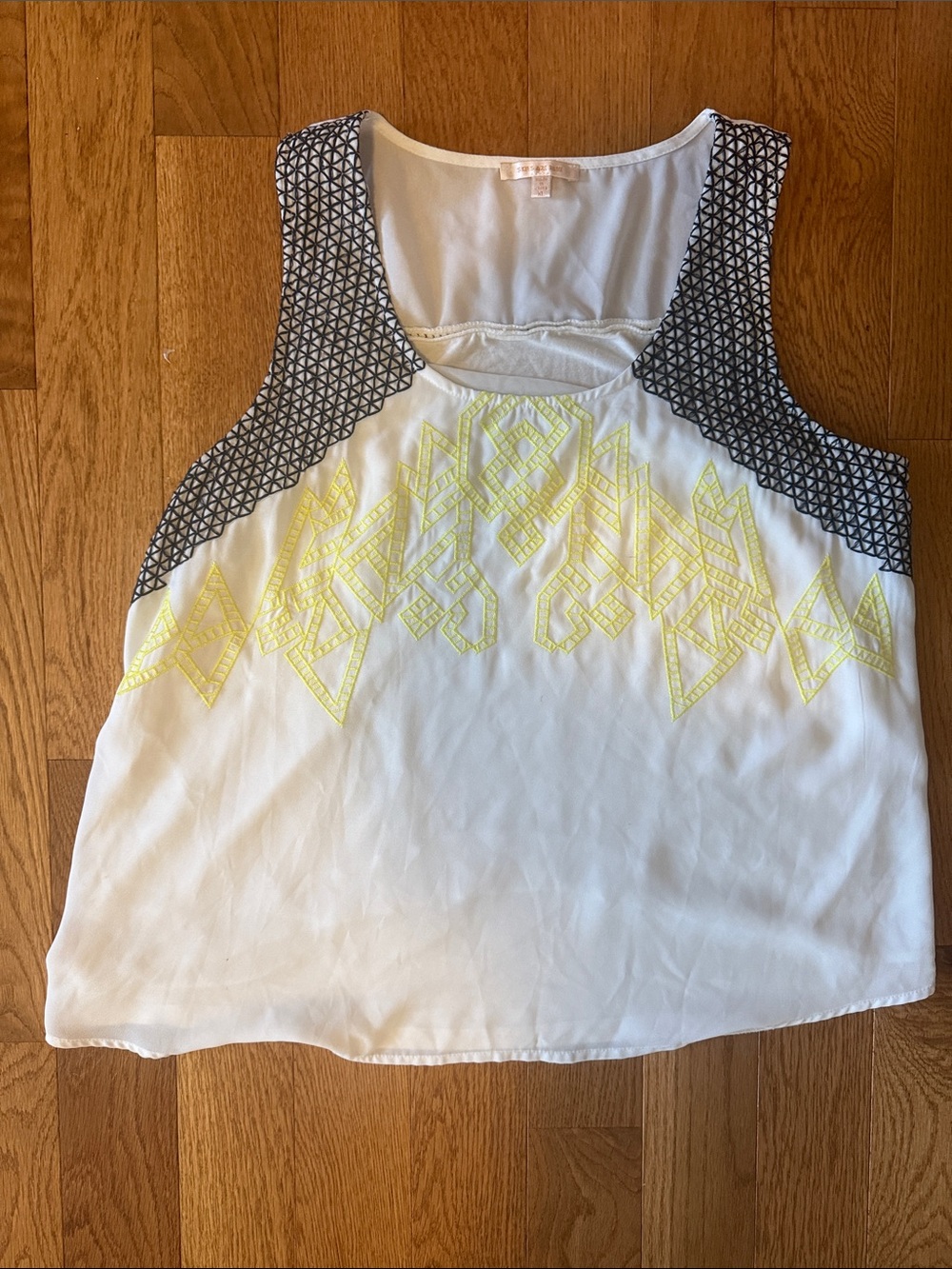 Skies Are Blue White Tank with Yellow Embroidery & Black Patterned Shoulders